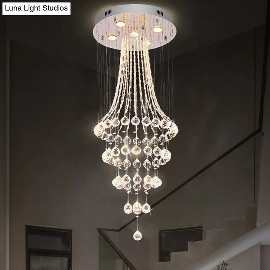 Modern Crystal Ceiling Lamp: Flared Drape 5-Head Flush Mount Fixture In Chrome - Stylish Dining Room