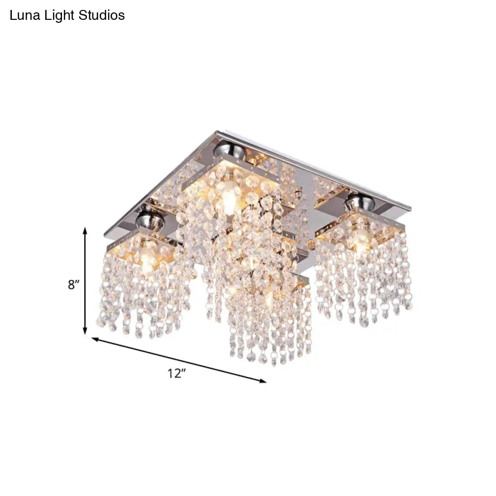 Modern Crystal Chain Ceiling Mount Light Fixture - 4-Light Flush For Living Room