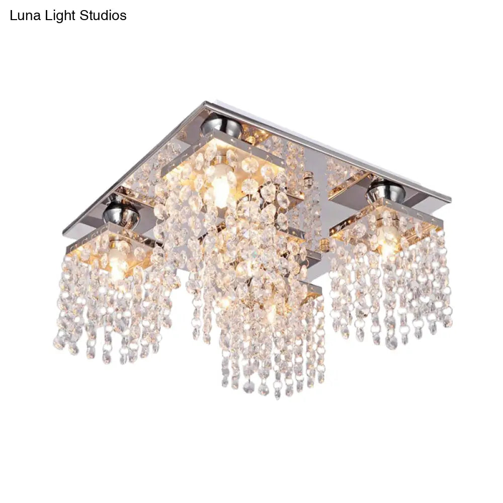 Modern Crystal Chain Ceiling Mount Light Fixture - 4-Light Flush For Living Room