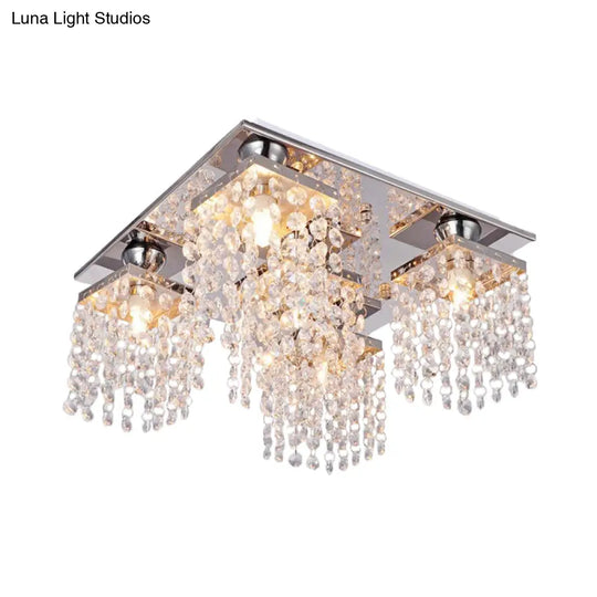 Modern Crystal Chain Ceiling Mount Light Fixture - 4-Light Flush For Living Room