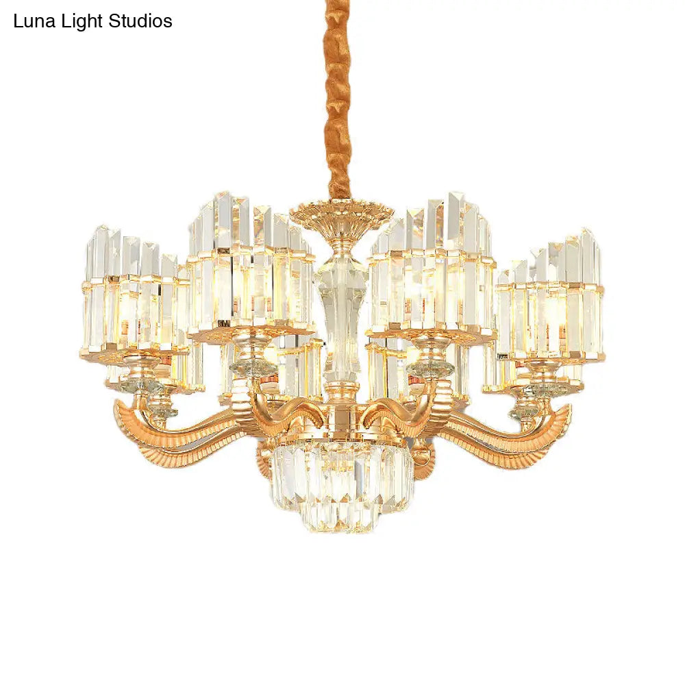 Modern Crystal Chandelier Light With Curved Metal Arm - Gold 6/8 Bulbs 23.5/27 Wide Suspended