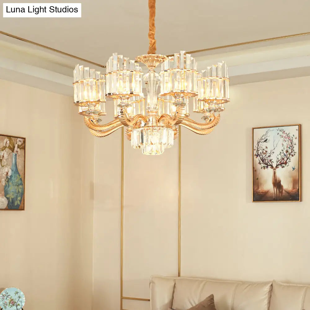 Modern Crystal Chandelier Light With Curved Metal Arm - Gold 6/8 Bulbs 23.5/27 Wide Suspended