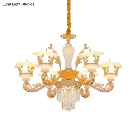 Modern Crystal Chandelier With Carved Frosted Glass Shade - 6 Bulbs Pendant In Gold For Bedroom