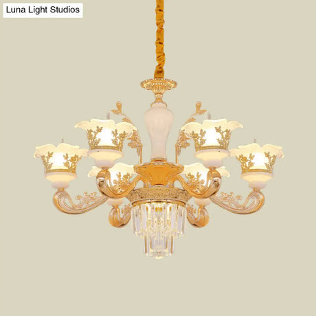 Modern Crystal Chandelier With Carved Frosted Glass Shade - 6 Bulbs Pendant In Gold For Bedroom