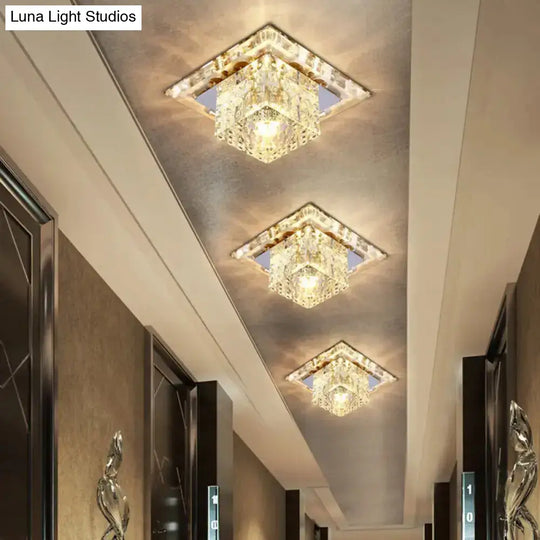 Modern Crystal Cube Ceiling Light: Led Flush Mount Fixture In Chrome / Warm