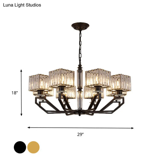 Modern Crystal Cuboid Chandelier 6 Light Ceiling Pendant Lamp in Black/Gold