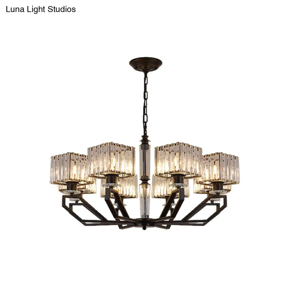 Modern Crystal Cuboid Chandelier 6 Light Ceiling Pendant Lamp in Black/Gold