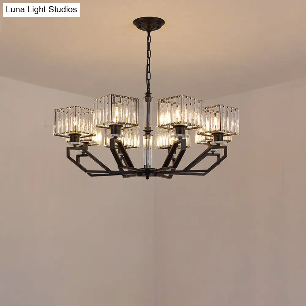 Modern Crystal Cuboid Chandelier 6 Light Ceiling Pendant Lamp in Black/Gold