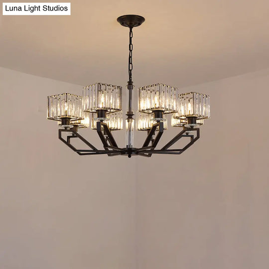 Modern Crystal Cuboid Chandelier 6 Light Ceiling Pendant Lamp in Black/Gold