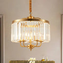 Modern Crystal Cylinder Chandelier Pendant Light - 4 Heads Brass Finish Curved Metal Arm