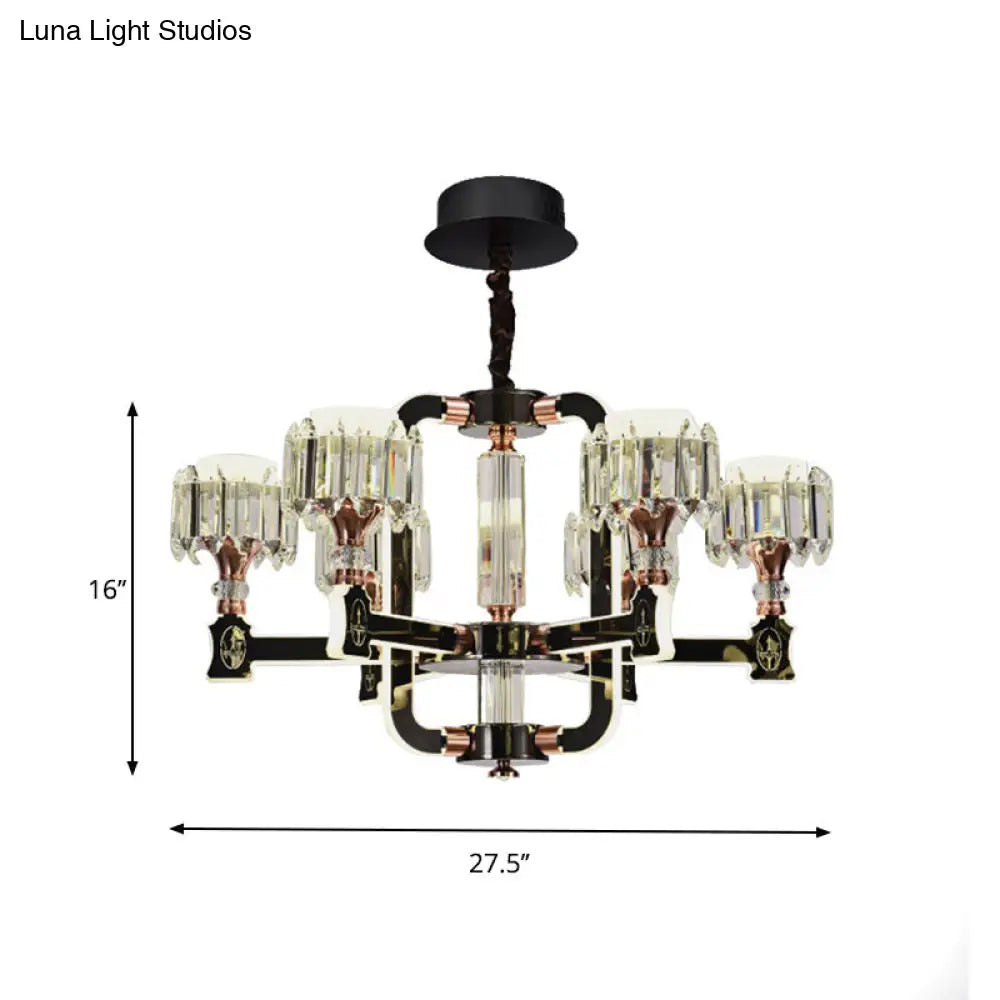 Modern Black Led Chandelier With Crystal Block Cylinder And 6/8 Bulbs