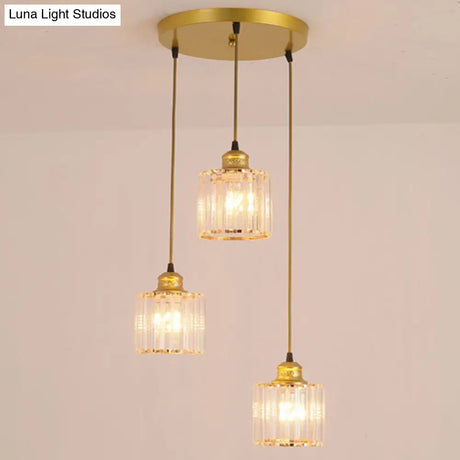 Modern Crystal Cylinder Pendant Light with 3 Bulbs - Gold Finish for Dining Room