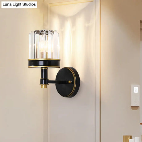 Modern Crystal Cylinder Wall Light - Black Flush Mount Sconce For Hallway