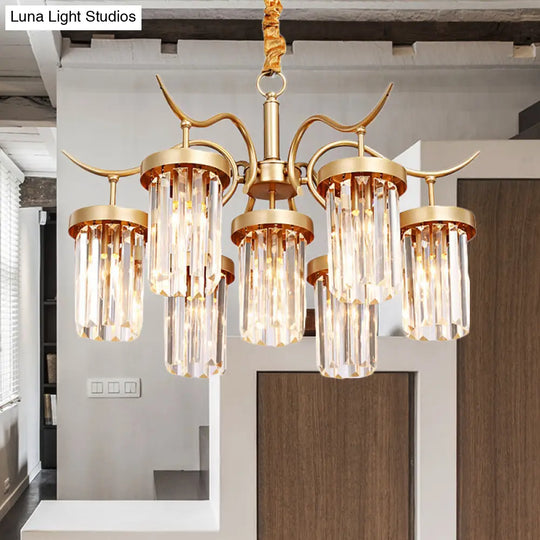 Modern Crystal Cylindrical Chandelier Light With Brass Finish - 7/9-Head Hanging Ceiling
