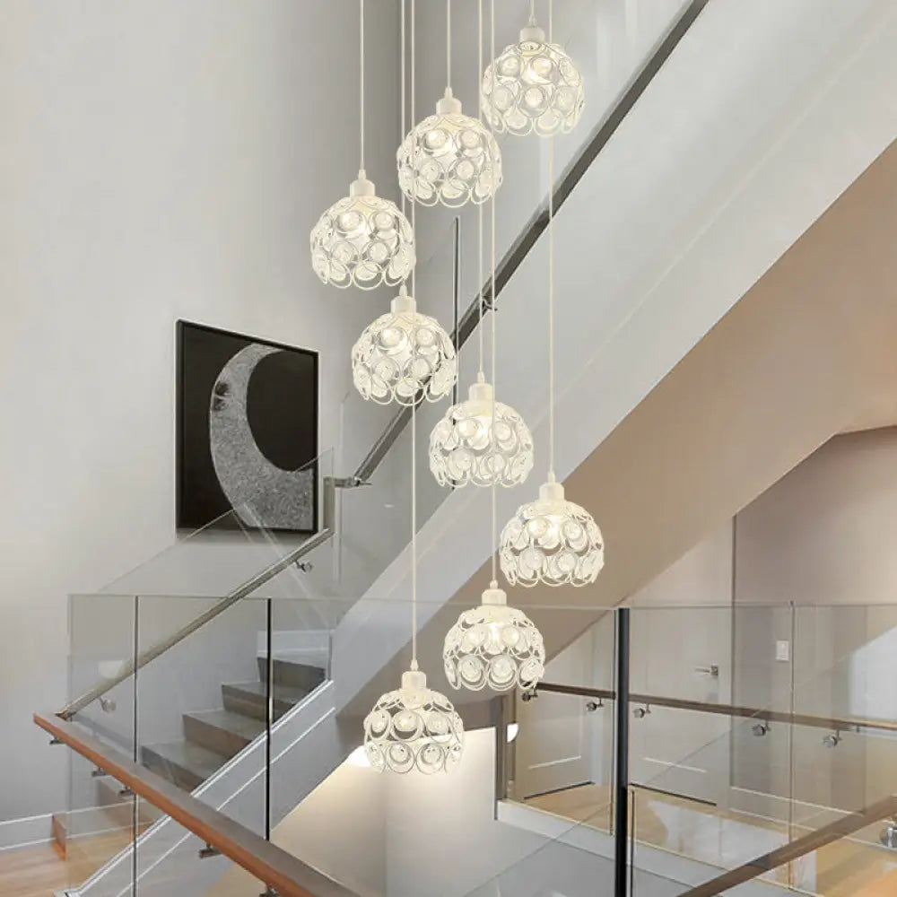 Modern Crystal Dome Chandelier - White/Black 8-Bulb Ceiling Light For Living Room White