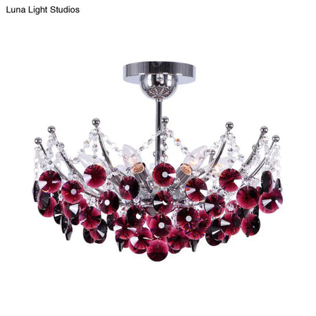 Modern Crystal Dome Semi Flush Light Fixture 5 Lights In Burgundy/Smoke Gray/Amber 16’ & 19.5’
