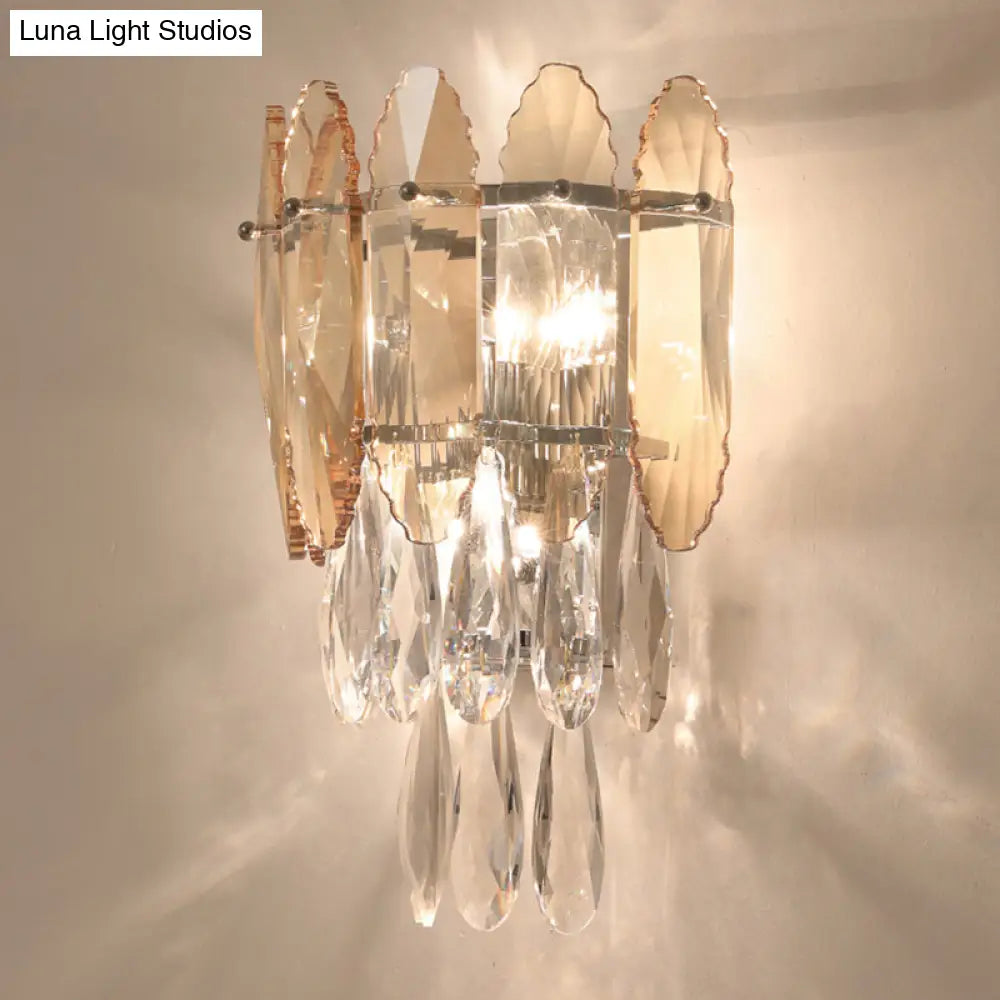 Modern Crystal Droplet Foyer Sconce Light - Layered Wall Lighting Fixture 2 Heads
