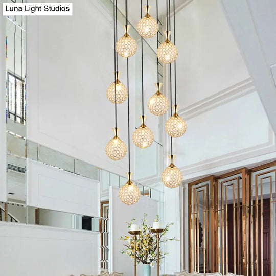 Modern Crystal Embedded Ball Spiral Pendant Light - 10-Light Cluster Hanging Fixture