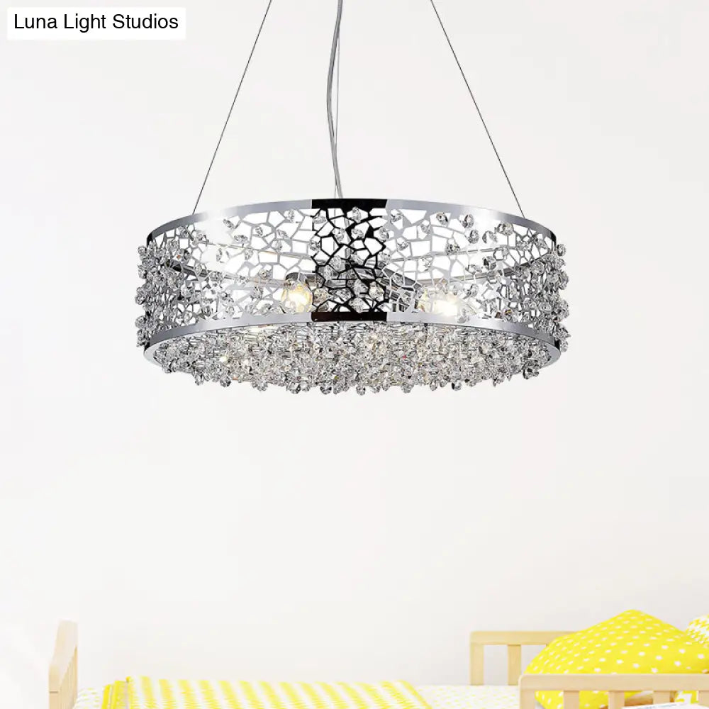 Chrome Drum Pendant Chandelier With Crystal Encrusted Modern Design - 4 Lights