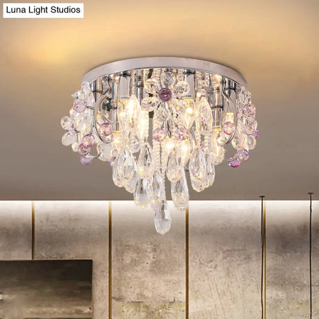 Modern Crystal Flower Flush Mount Ceiling Lamp With Chrome Finish - Perfect For Romantic Bedroom