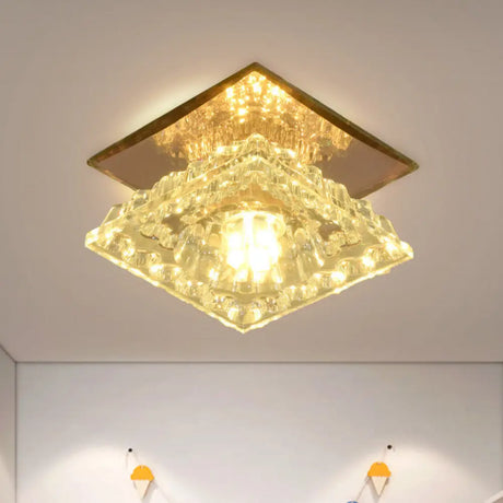 Modern Crystal Flush Ceiling Light In Gold For Corridor - Square Flushmount Led White/Warm/3 Color
