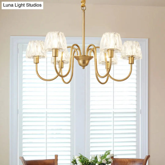 Modern Crystal Cone Ceiling Light With Brass Finish - 3/6/8 Lights And Curved Arm 6 / Brushed