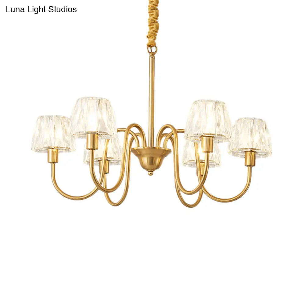 Modern Crystal Cone Ceiling Light With Brass Finish - 3/6/8 Lights And Curved Arm
