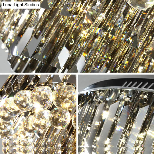 Modern Crystal Led Bedroom Ceiling Light - Smoke Gray Layered Flush - Mount Fixture 19.5’/23.5’ Wide
