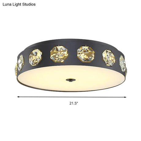 Modern Crystal Led Flush Light In Grey Drum Shape - Ideal For Living Room Ceiling 18’/21.5’ Dia