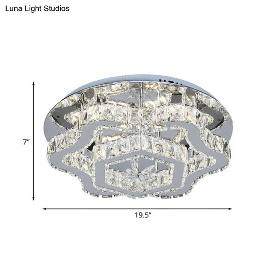 Modern Crystal Led Flush Light With Inlaid Stainless Steel Flower Design - Ideal For Living Room
