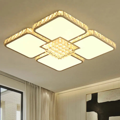 Modern Crystal Led Square Flush Mount Bedroom Ceiling Light Fixture In Warm/White White /