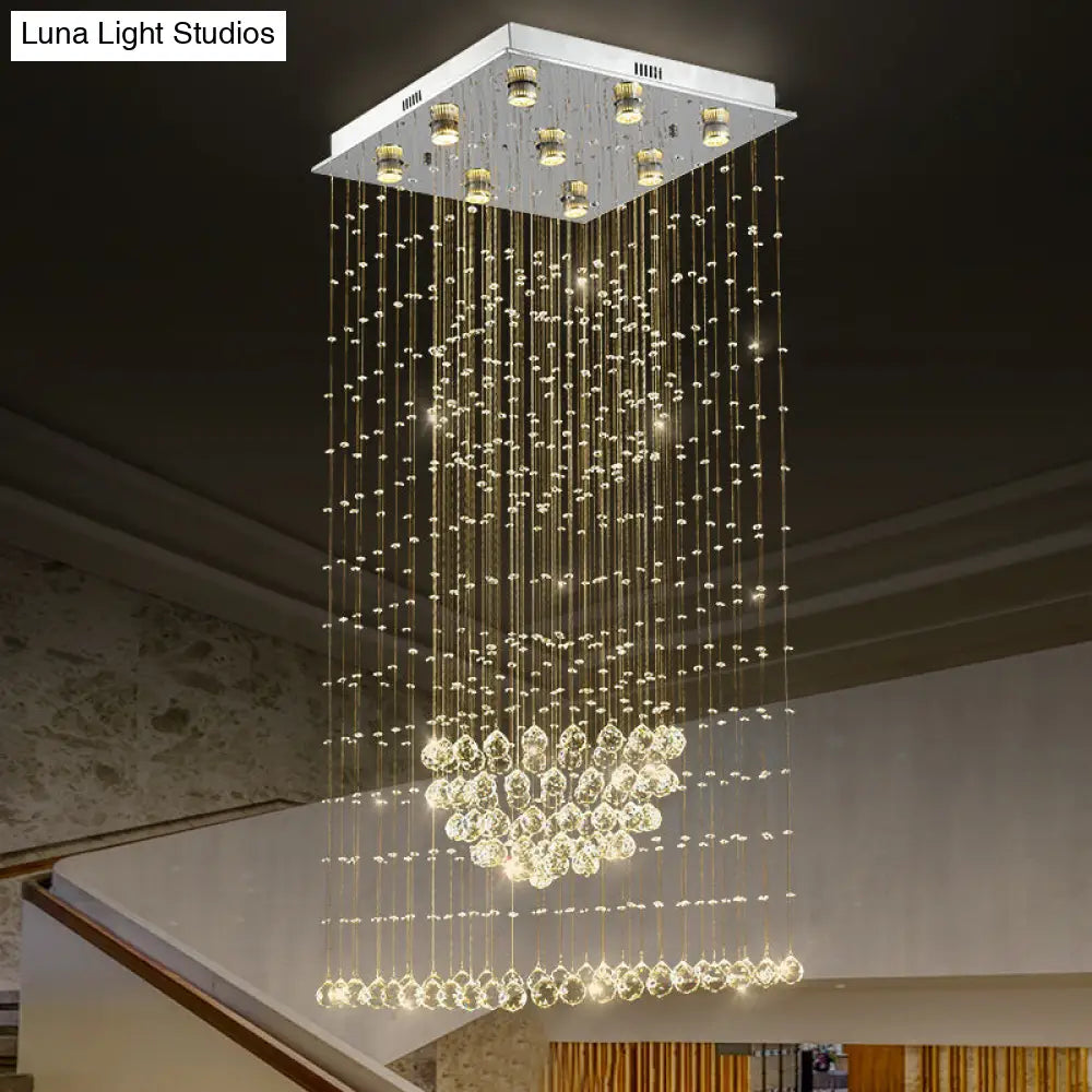 Crystal Led Waterfall Pendant Light With 9 Bulbs In Modern Silver Design