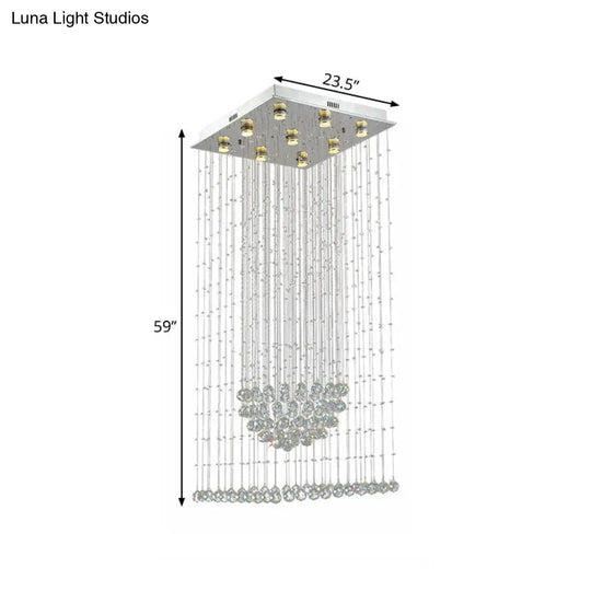 Crystal Led Waterfall Pendant Light With 9 Bulbs In Modern Silver Design