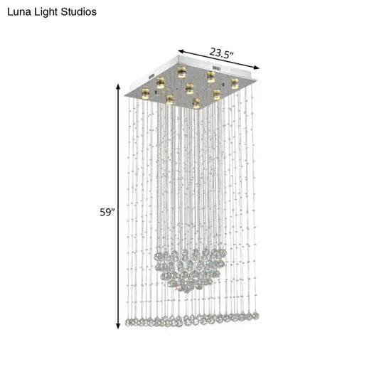 Modern Crystal Led Waterfall Pendant Light - 9-Bulb Silver Ceiling Lamp With Square Canopy
