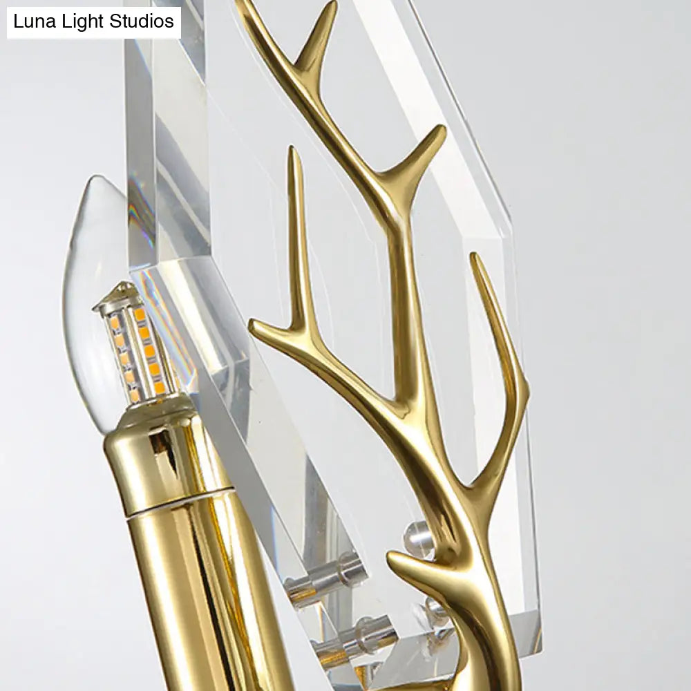 Modern Crystal Panel Sconce Light Fixture - Clear 1-Light Wall Mounted Lamp With Antler Deco