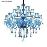 Modern Crystal Pendant Chandelier Blue Hanging Light 6/18 Bulbs Candle/Bell Design 23.5’’/37.5’’ W