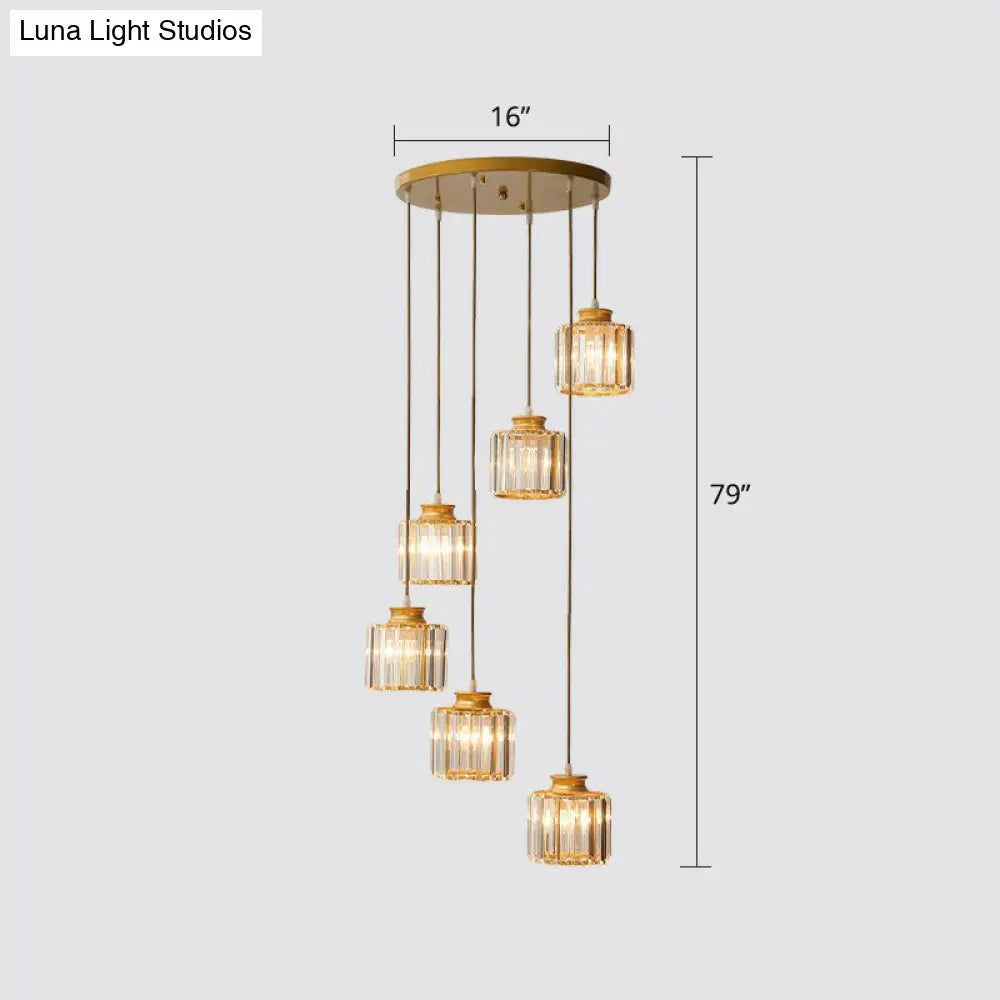 Prismatic Crystal Pendant Chandelier With Postmodern Cylindrical Design - Ideal For Stairways 6 /