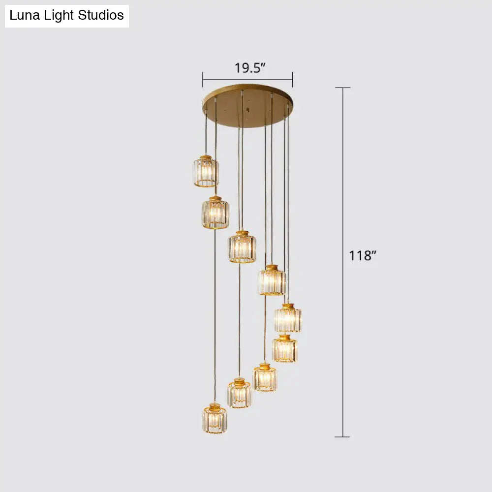 Prismatic Crystal Pendant Chandelier With Postmodern Cylindrical Design - Ideal For Stairways 9 /