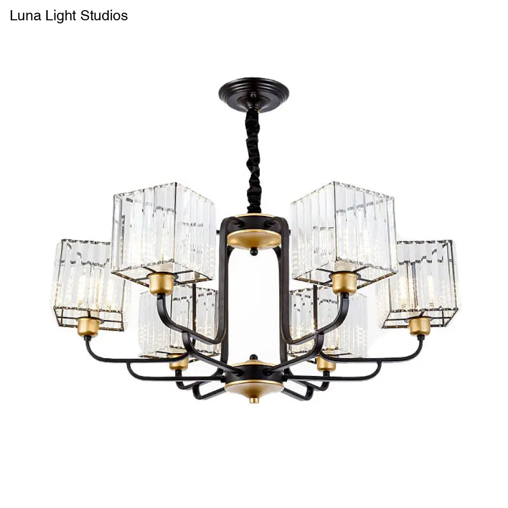 Modern Crystal Chandelier - Square Pendant With 4/6/8 Bulbs Black Hanging Light Fixture