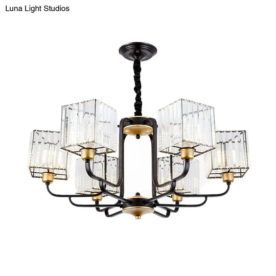 Modern Crystal Chandelier - Square Pendant With 4/6/8 Bulbs Black Hanging Light Fixture