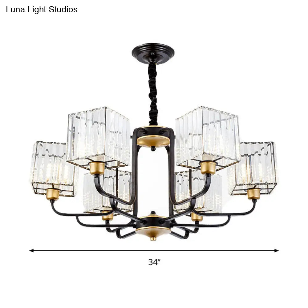 Modern Crystal Chandelier - Square Pendant With 4/6/8 Bulbs Black Hanging Light Fixture