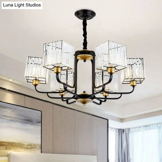 Modern Crystal Chandelier - Square Pendant With 4/6/8 Bulbs Black Hanging Light Fixture / 34