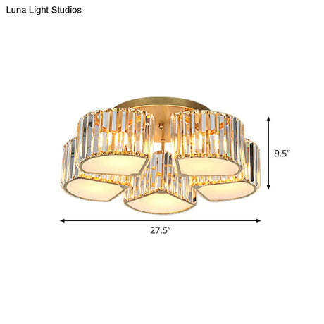 Modern Crystal Semi Flush Ceiling Light Fixture With Shell/Square Shade - 5/7 - Head Design In Gold