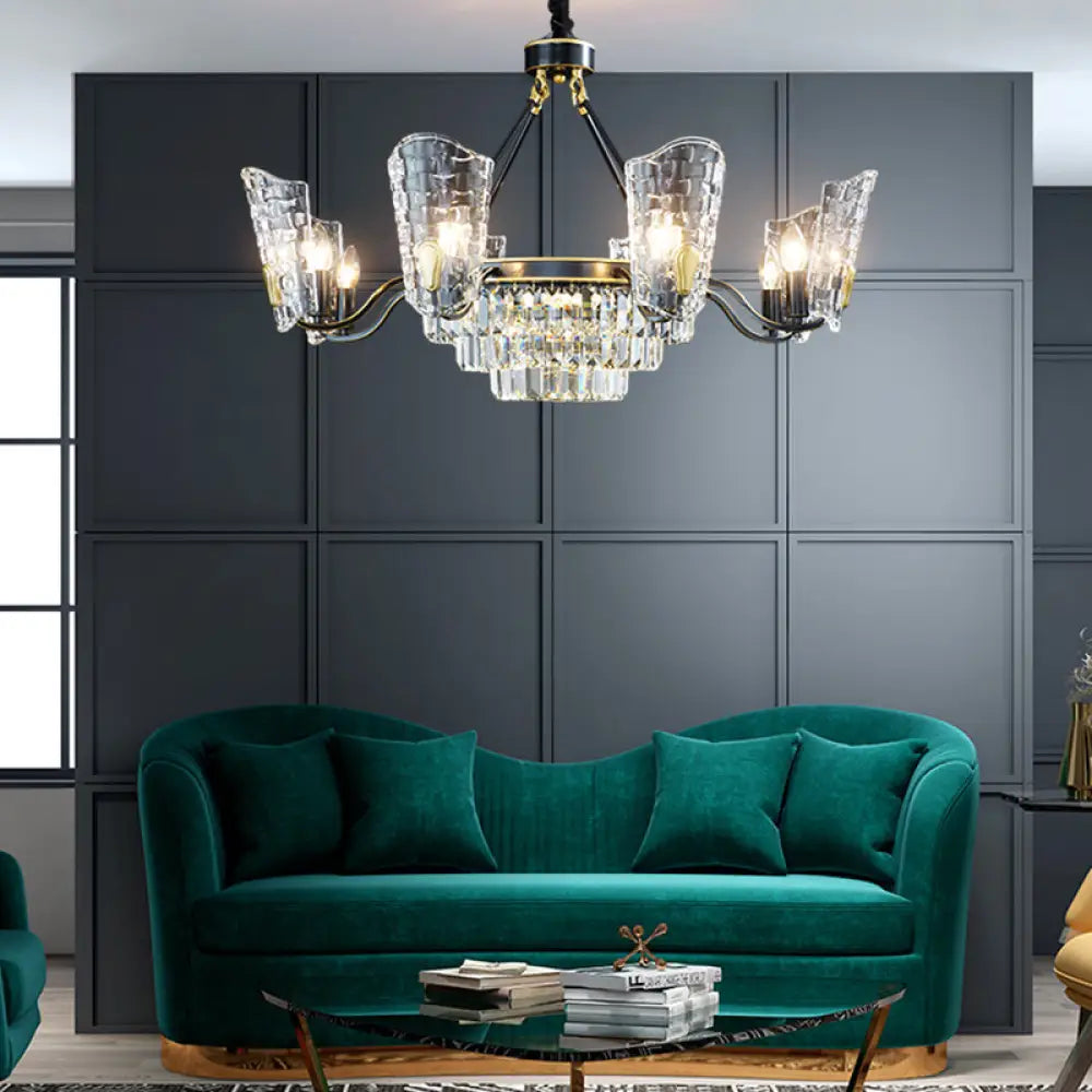 Modern Crystal Shield Ceiling Chandelier - 4/6/8 Lights Black Hanging Light Kit 8 /