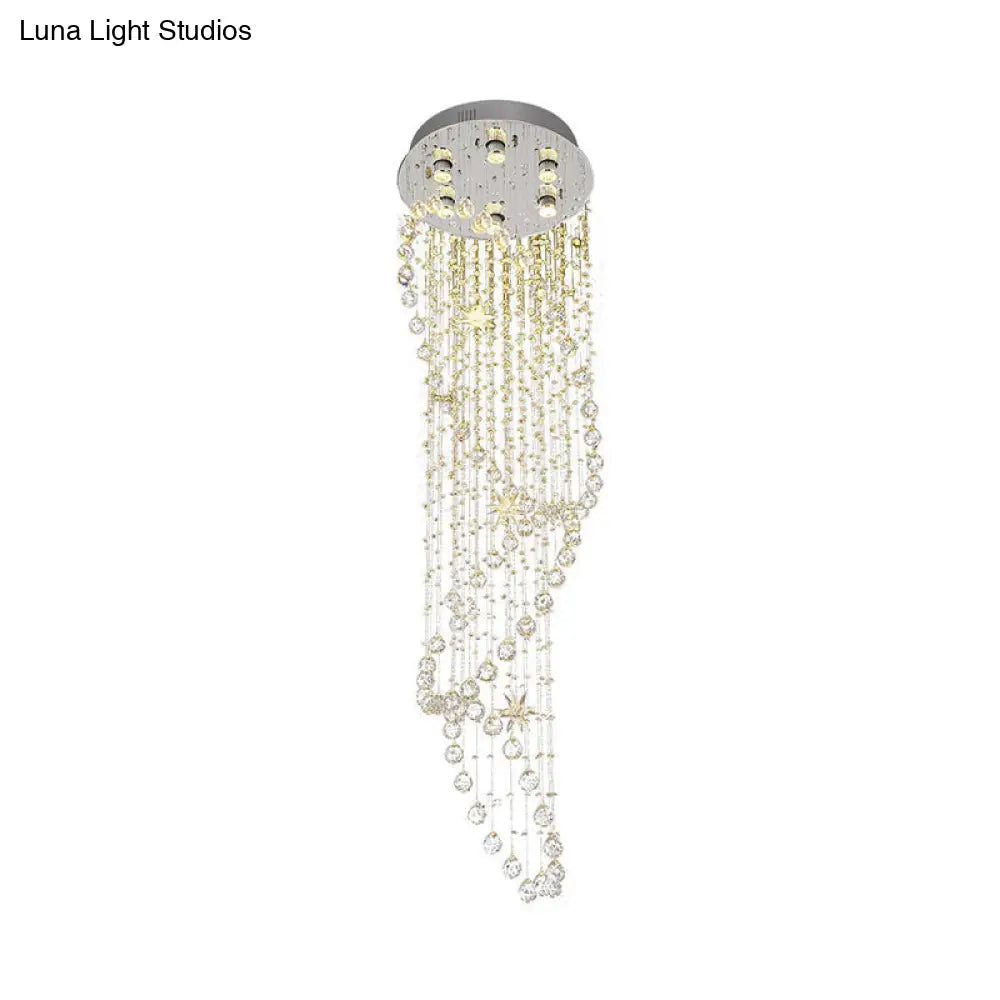 Modern Crystal Silver Led Pendant Waterfall Light With 6 Heads