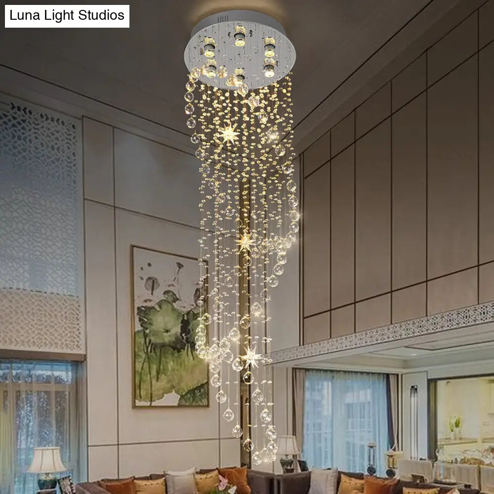 Modern Crystal Silver Led Pendant Waterfall Light With 6 Heads