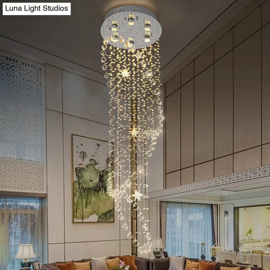 Modern Crystal Silver Led Pendant Waterfall Light With 6 Heads
