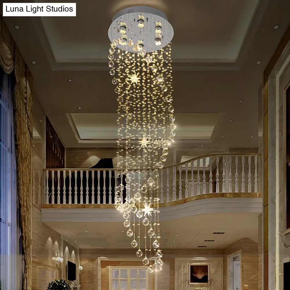 Modern Crystal Silver Waterfall Pendant Light With Led 6 Head Ceiling Suspension Lamp