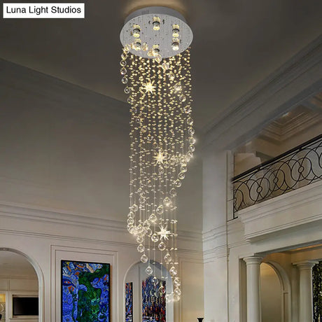 Modern Crystal Silver Waterfall Pendant Light With Led 6 Head Ceiling Suspension Lamp