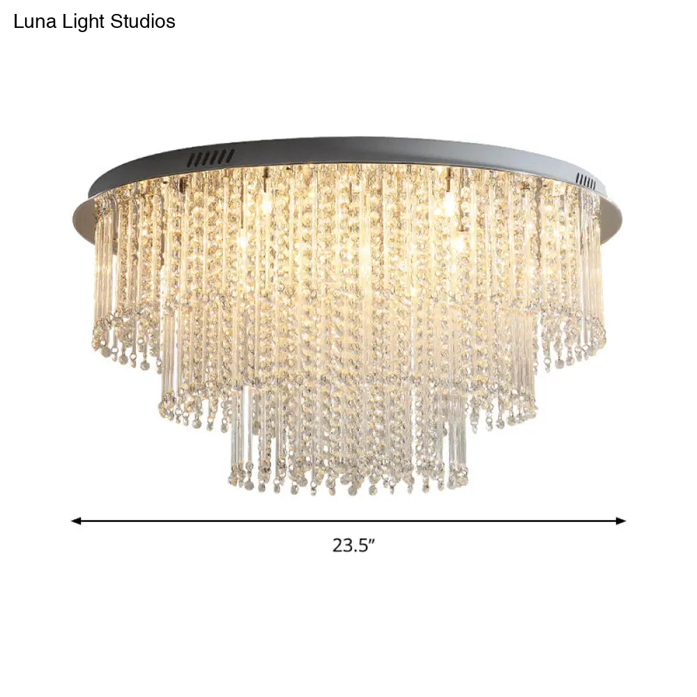 Modern Crystal Strand 3-Tier Nickel Led Ceiling Light Flush Mount For Living Room